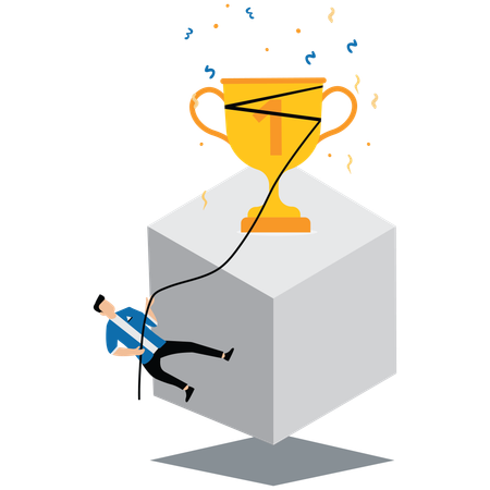 Hombre de negocios trepando una cuerda para ganar una copa  Ilustración