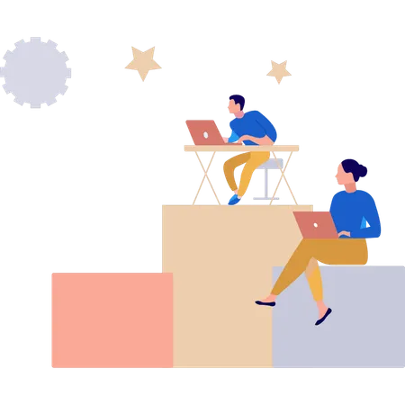 Hombre de negocios y mujer de negocios trabajando en computadoras portátiles  Illustration