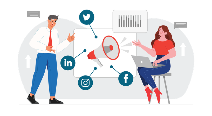 Hombre de negocios y mujer haciendo marketing en redes sociales  Ilustración