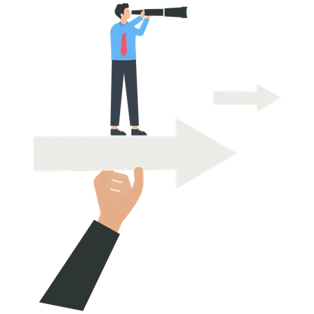 Empresario y un telescopio parado sobre una flecha con una mano amiga  Ilustración