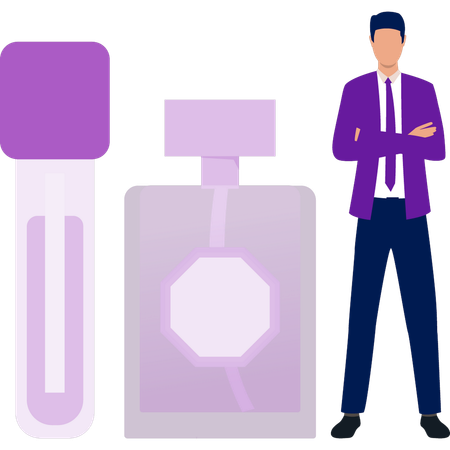 Hombre de oficina de pie cerca de una botella de perfume  Ilustración