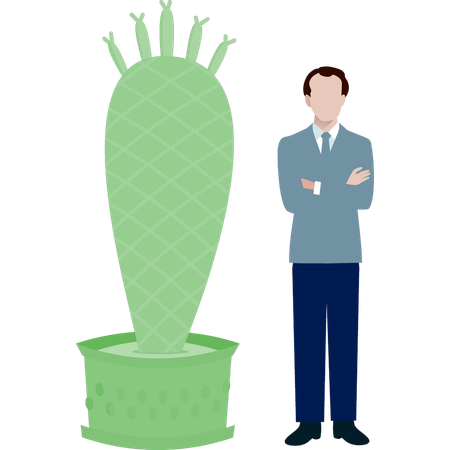 Hombre de pie cerca de la planta Pachycereus  Ilustración