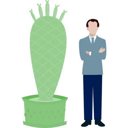 Hombre de pie cerca de la planta Pachycereus  Ilustración