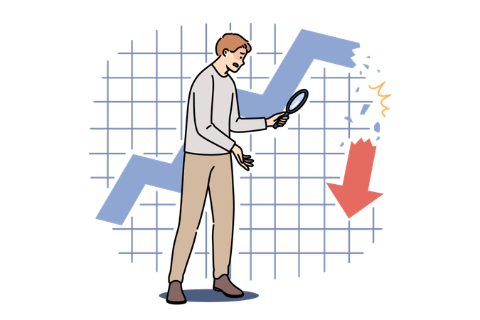 Hombre de pie cerca de un gráfico financiero que se derrumba  Ilustración