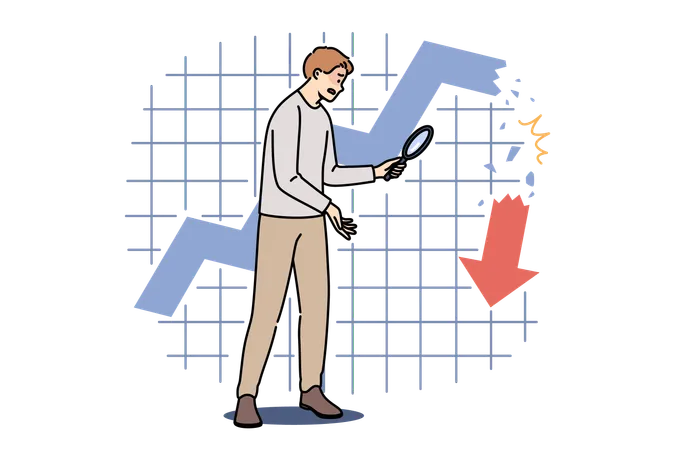 Hombre de pie cerca de un gráfico financiero que se derrumba  Ilustración