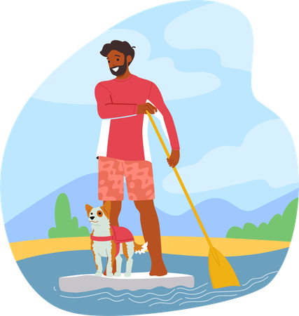 Hombre con mascota en tabla de surf de remo  Ilustración