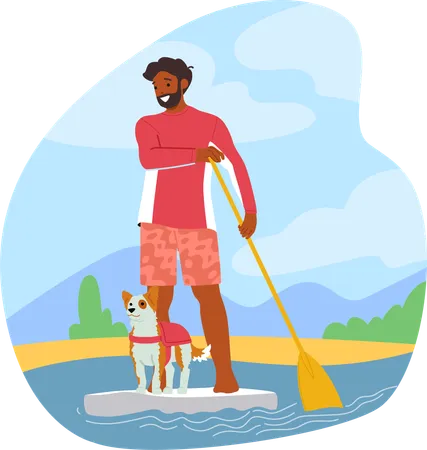 Hombre con mascota en tabla de surf de remo  Ilustración