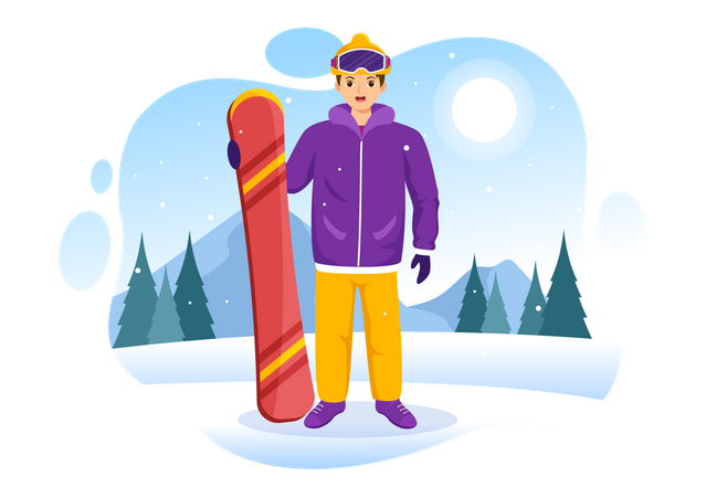 Hombre de pie con snowboard  Ilustración