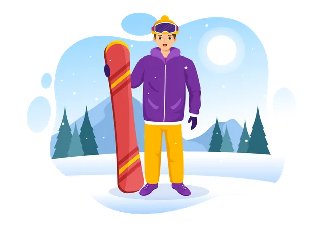 Hombre de pie con snowboard  Ilustración