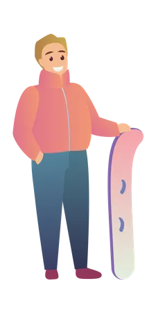 Hombre de pie con snowboard  Ilustración