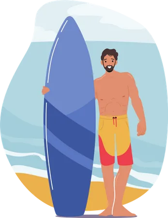 Hombre de pie con tabla de surf  Ilustración