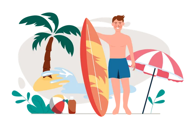 Hombre de pie con tabla de surf  Ilustración
