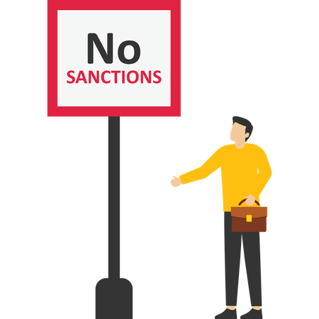Hombre de pie con traje mientras sostiene el cartel Sin sanciones  Ilustración