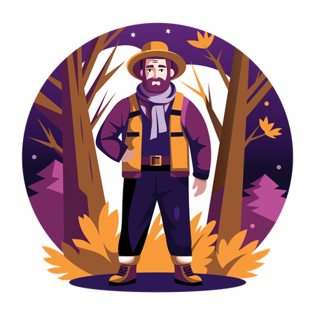 Hombre de pie en el bosque vistiendo ropa de otoño  Ilustración