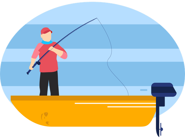 Hombre de pie en un bote mientras pesca en un lugar de pesca  Ilustración