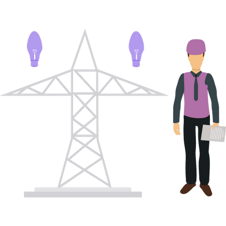 Hombre de pie junto a la torre de electricidad  Ilustración