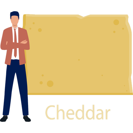 Hombre de pie cerca del queso cheddar  Ilustración