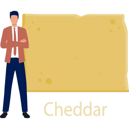 Hombre de pie cerca del queso cheddar  Ilustración