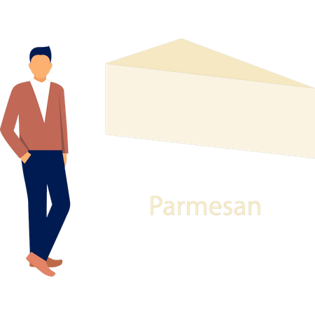 Hombre de pie cerca de queso parmesano  Ilustración