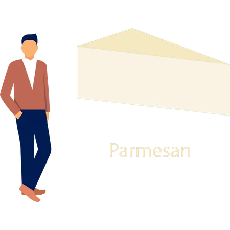 Hombre de pie cerca de queso parmesano  Ilustración