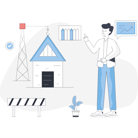 Hombre de pie junto a una casa con una grúa y un cartel que indica que hay obras de construcción o renovación en curso  Ilustración