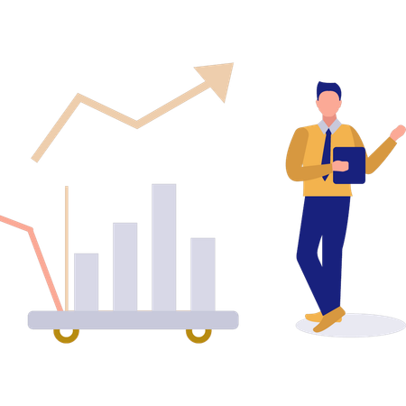 Hombre de pie junto al gráfico del mercado de valores  Ilustración