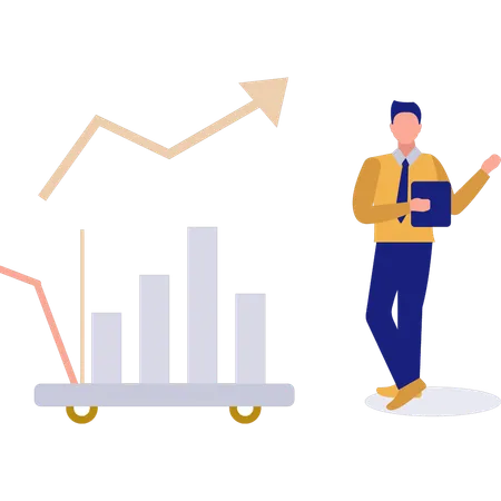 Hombre de pie junto al gráfico del mercado de valores  Ilustración