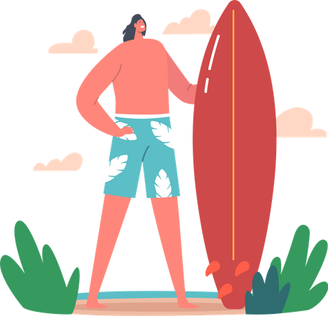 Hombre de pie mientras sostiene la tabla de surf  Ilustración