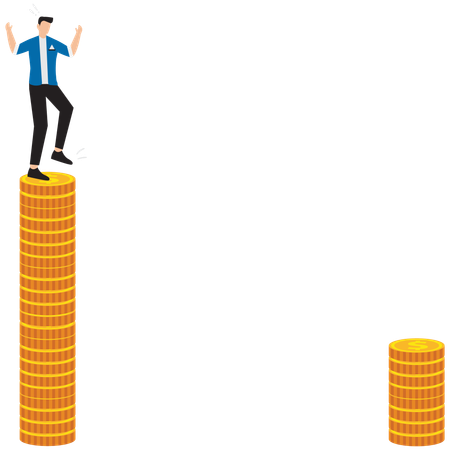 Un hombre se encuentra sobre una pila alta de monedas de oro y mira otra pila en la parte inferior.  Ilustración