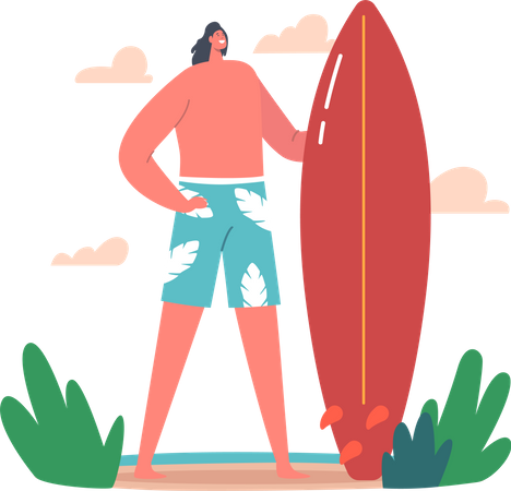 Hombre de pie mientras sostiene la tabla de surf  Ilustración