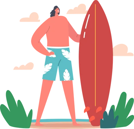 Hombre de pie mientras sostiene la tabla de surf  Ilustración