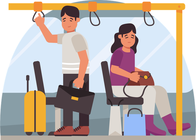 Hombre de pie y mujer sentada en transporte público  Ilustración