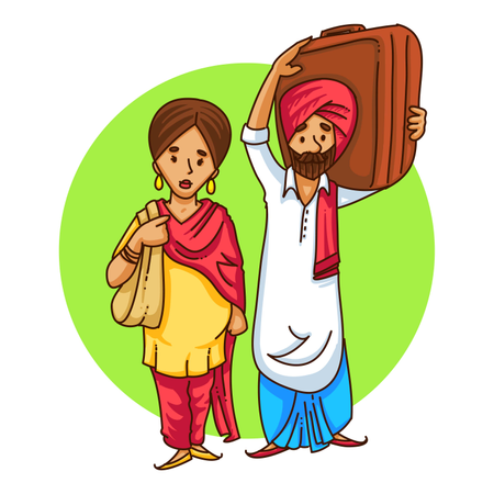 Hombre de la aldea punjabi yendo a la ciudad con su esposa  Ilustración