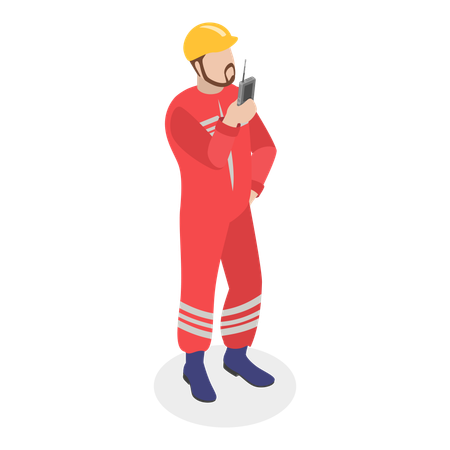Hombre de seguridad con casco mientras habla por walkie-talkie  Ilustración