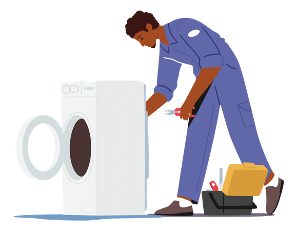 Hombre de servicio dando servicio a la lavadora  Ilustración