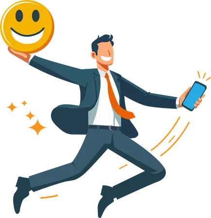 Hombre de traje sosteniendo un teléfono móvil y un emoji de cara sonriente  Ilustración