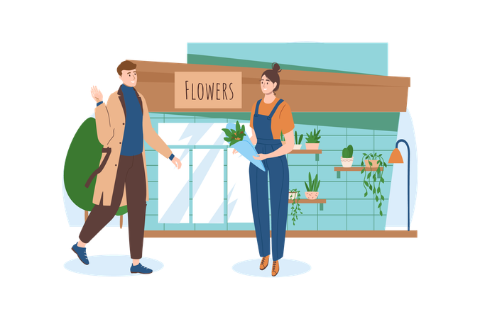 El hombre decidió comprar hermosas flores para su novia.  Illustration