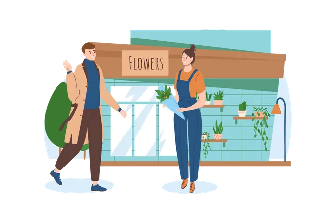 El hombre decidió comprar hermosas flores para su novia.  Illustration