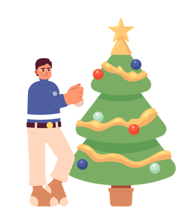 Hombre decorando árbol de Navidad  Ilustración