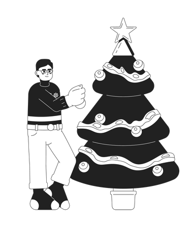 Hombre decorando árbol de Navidad  Ilustración