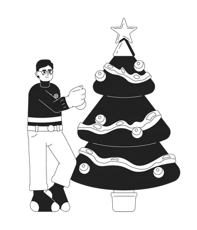 Hombre decorando árbol de Navidad  Ilustración