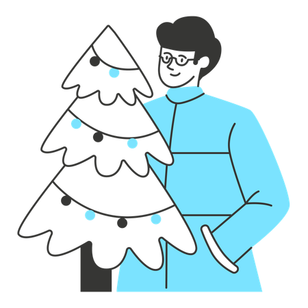 Hombre decorando árbol de Navidad  Ilustración