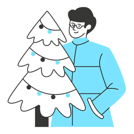 Hombre decorando árbol de Navidad  Ilustración