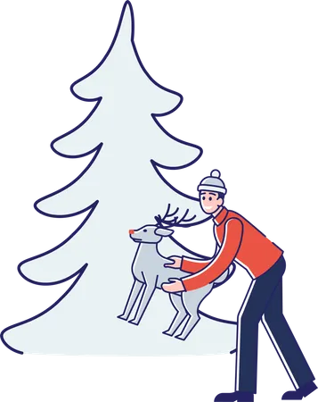 Hombre decorando árbol de Navidad  Ilustración