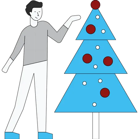 Hombre decorando árbol de Navidad  Ilustración