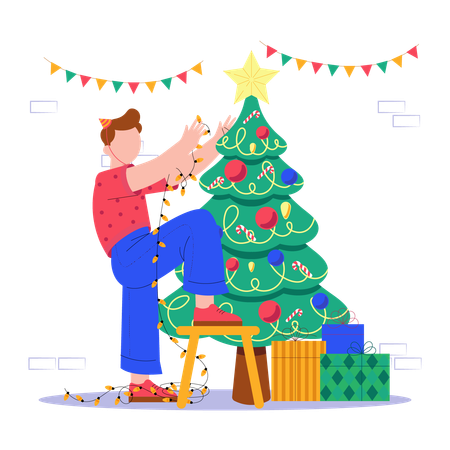 Hombre decorando arbol de navidad  Ilustración