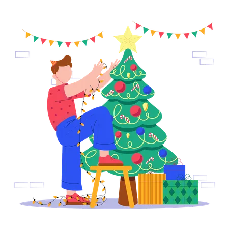 Hombre decorando arbol de navidad  Ilustración