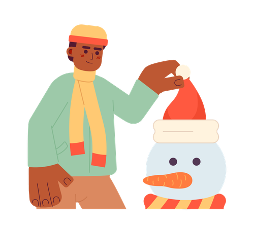 Hombre decorando muñeco de nieve  Ilustración