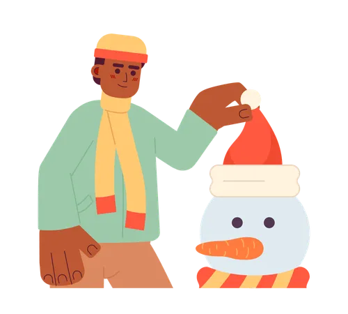 Hombre decorando muñeco de nieve  Ilustración