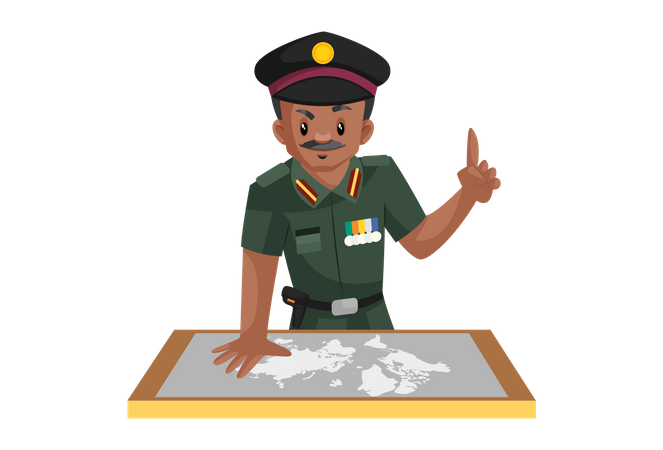 Hombre del ejército indio mirando el mapa  Ilustración